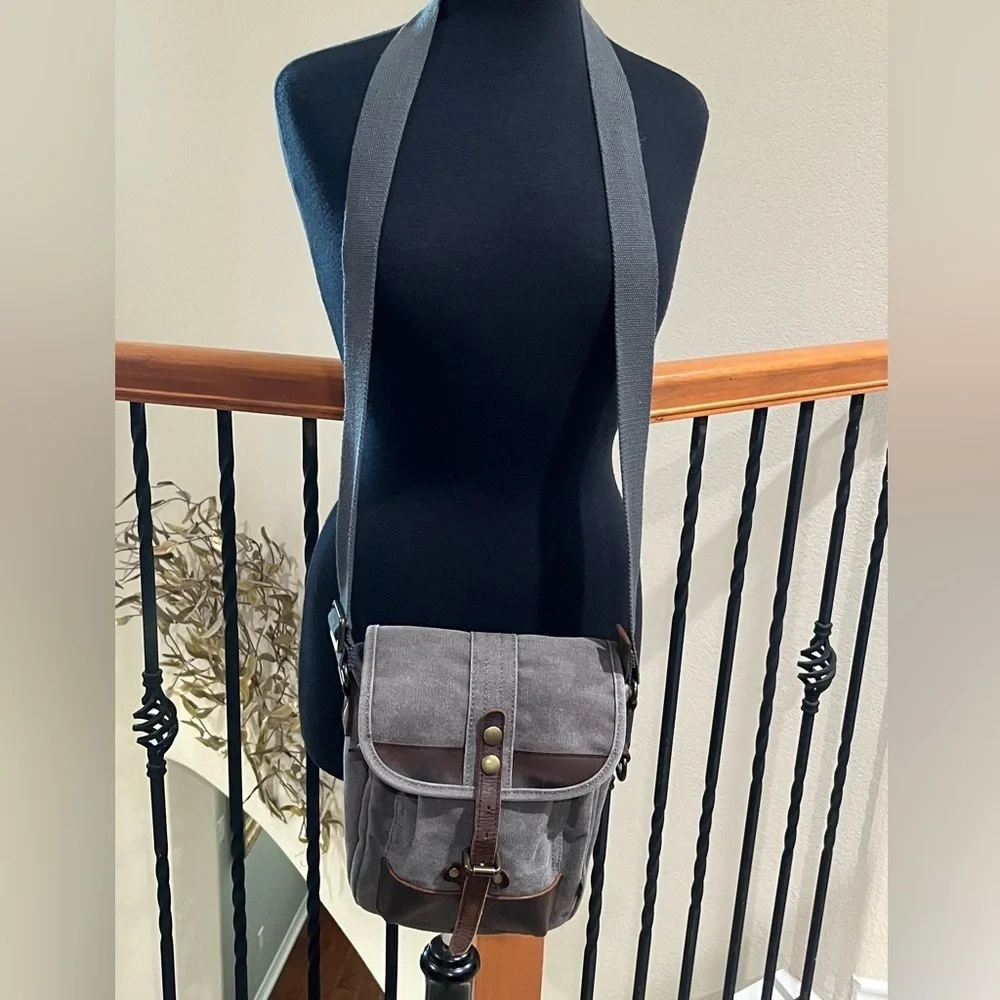 TDS BRAND VALLEY TRAIL Gray Crossbody CANVAS Bag with Brown LEATHER Accents: